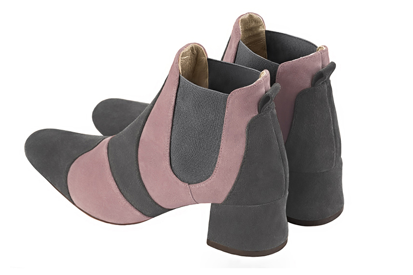 Dark grey and dusty rose pink women's ankle boots, with elastics. Round toe. Low flare heels. Rear view - Florence KOOIJMAN